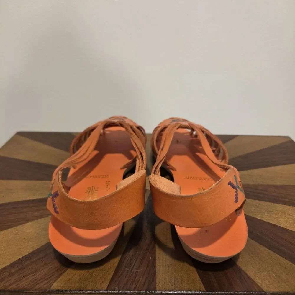 True Vintage 70s Foot Niks Sandals Shoes US 7B Orange Leather Boho Hippie Gypsy